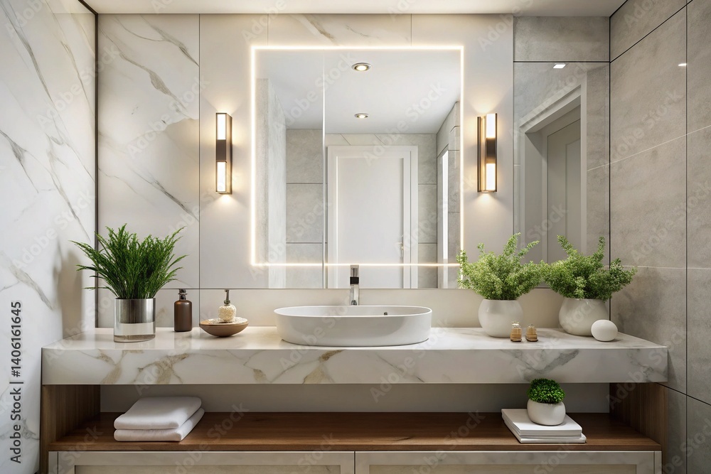 Fototapeta premium Luxury White Modern Bathroom Countertop Sink Mirror