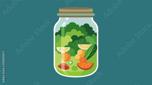 A mason jar salad packed with layers of greens protein fillings and homemade vinaigrette ready to be enjoyed at any time during the workday.. Vector illustration