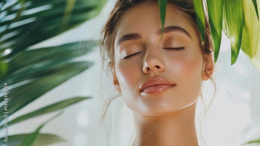 Radiant woman bathed in natural light, surrounded by lush greenery. Radiant woman bathed in natural light, surrounded by lush greenery.