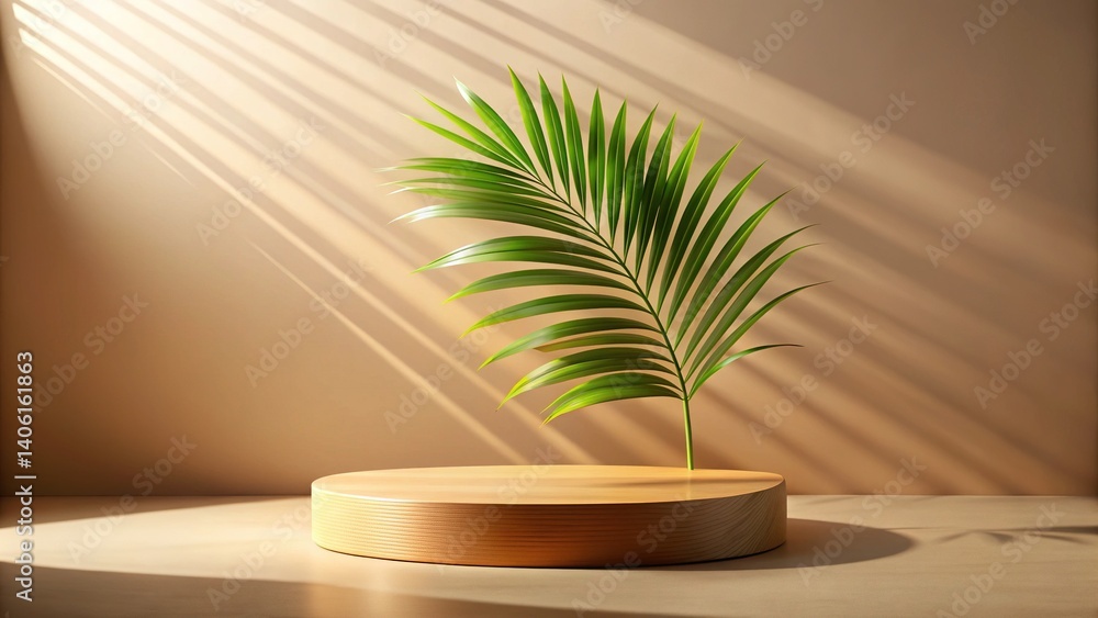 Obraz premium Minimalist Wooden Podium with Palm Leaf, Sunlight Background
