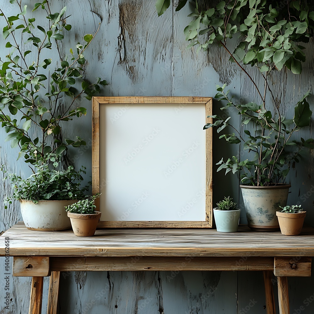 Rustic Wooden Frame Mockup with Green Plants on Aged Wooden Table Against Distressed Wall