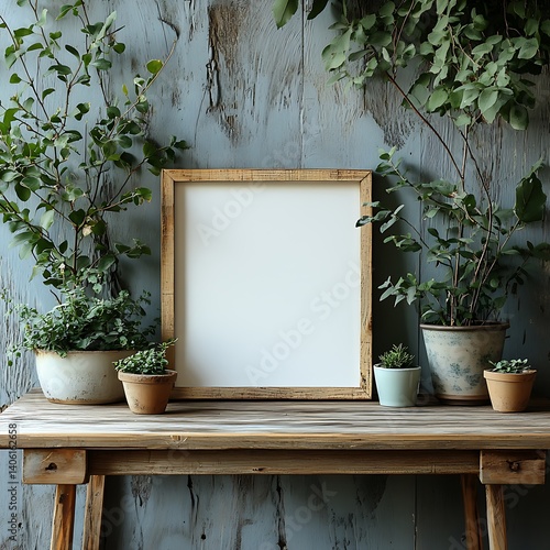 Obraz na płótnie Rustic Wooden Frame Mockup with Green Plants on Aged Wooden Table Against Distressed Wall w salonie