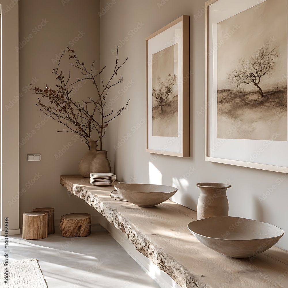 Serene home interior featuring natural wood shelf, artistic framed visuals, neutral tones, and organic shaped pottery, providing a tranquil aesthetic.