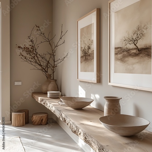 Obraz na płótnie Serene home interior featuring natural wood shelf, artistic framed visuals, neutral tones, and organic shaped pottery, providing a tranquil aesthetic. w salonie