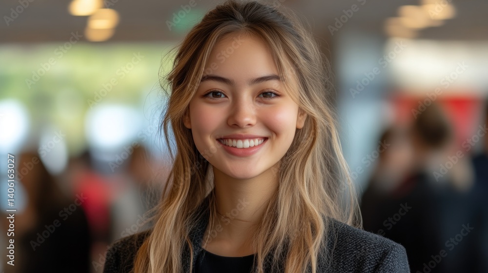 A smiling individual with long hair in a professional setting ideal for business and corporate A smiling individual with long hair in a professional setting ideal for business and corporate