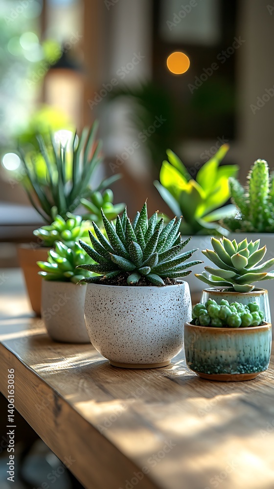 Arrangement of miniature succulent plants in decorative pots on a wooden surface with a blurred natural light background.