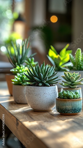 Obraz na płótnie Arrangement of miniature succulent plants in decorative pots on a wooden surface with a blurred natural light background. w salonie