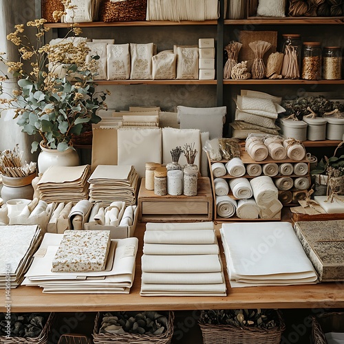 Artisan Paper Goods Collection Featuring Botanical Elements and Natural Textures, a Studio Display of Craft Supplies for Creative Projects.
