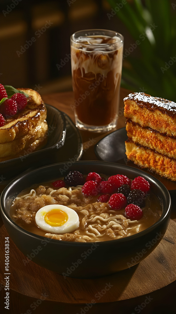 Breakfast Set With Ramen, Pancakes, Cake And Coffee Breakfast Set With Ramen, Pancakes, Cake And Coffee