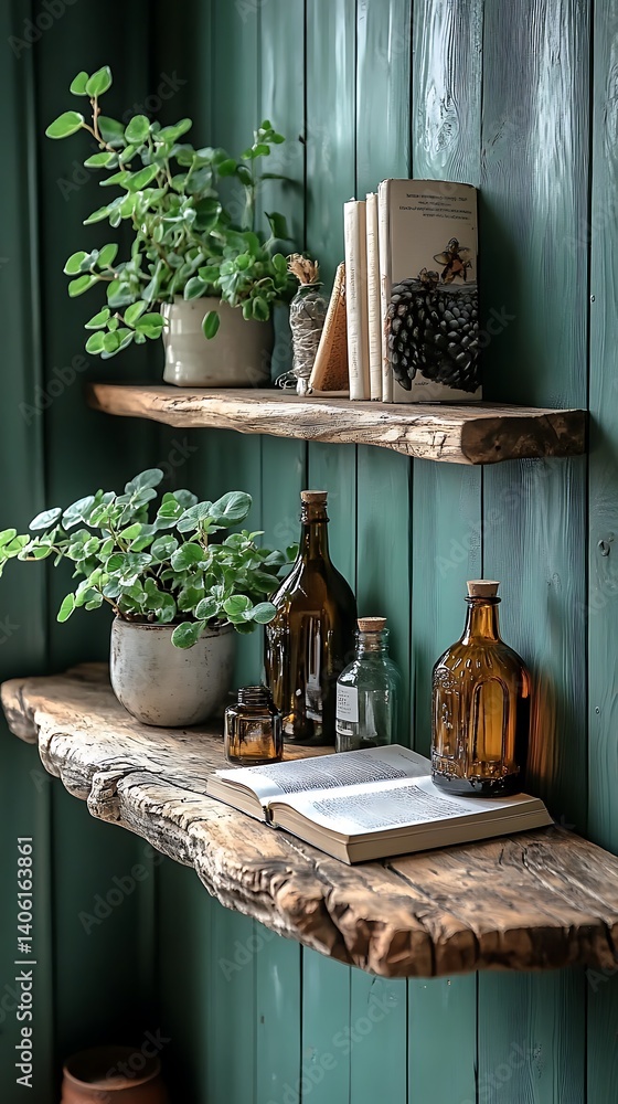 Artistic Wooden Shelves with Plants and Vintage Bottles Against Green Background, Creating a Peaceful Atmosphere.