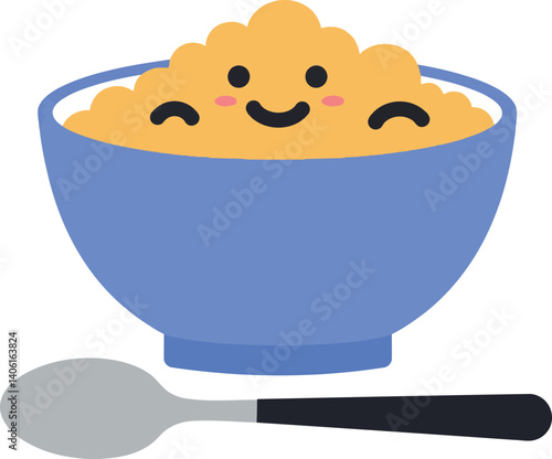 Happy bowl of oatmeal with smiling faces and a spoon in a flat vector illustration