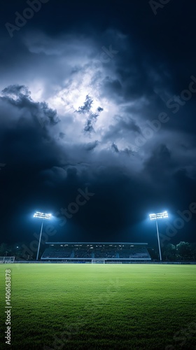 Stormy night sky over bright soccer stadium, dramatic match atmosphere