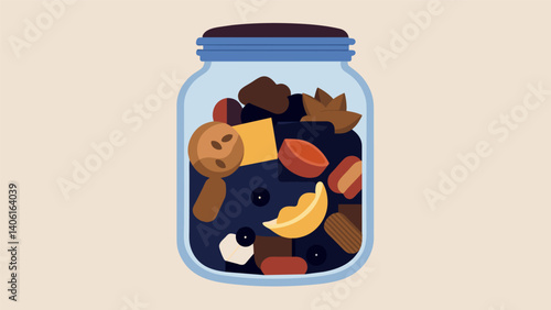 A jar of mixed nuts dried fruits and dark chocolate chunks providing a quick and easy source of energy for a busy workday at home.. Vector illustration