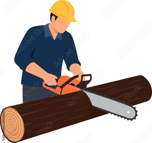 A worker using a chainsaw to cut a log in a flat vector illustration