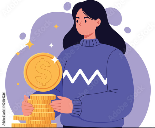 Woman holding a large coin symbolizing wealth in a flat vector illustration