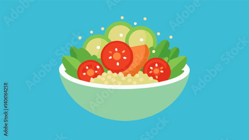 A mini quinoa salad with cherry tomatoes cucumber and feta cheese packed with protein and fiber for a filling and delicious snack.. Vector illustration