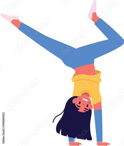 Young girl performing a handstand in bright casual clothing, playful mood, flat vector illustration