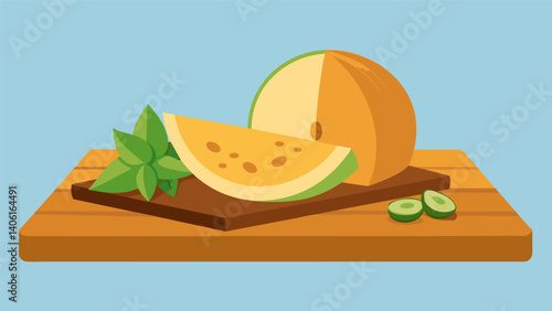 A pairing of sharp parmesan cheese and succulent honeydew melon creating a savory and sweet combination on a natural wood board.. Vector illustration