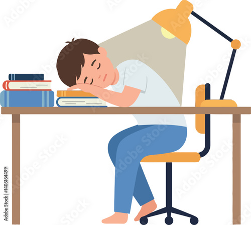 A tired boy resting his head on a desk with books under a warm lamp in flat vector art