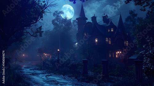 Halloween background with pumpkins and haunted house - 3D render. Halloween background with Evil Pumpkin. Spooky scary dark Night forrest. Holiday event halloween banner background concept