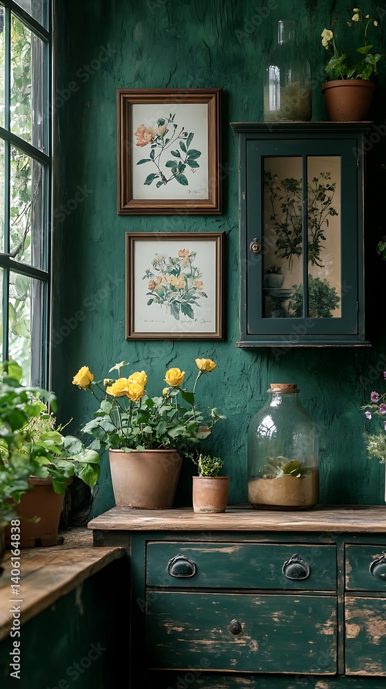 Botanical Elegance: Antique Cabinet with Floral Artwork, Potted Plants, and Natural Light in a Green Interior.