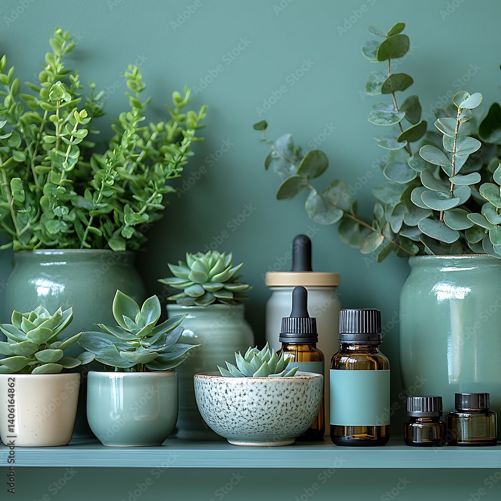 Botanical Still Life with Succulents, Eucalyptus, and Glass Bottles Against a Green Backdrop: Decorative Interior Arrangement.