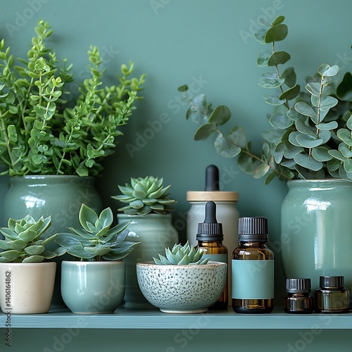 Botanical Still Life with Succulents, Eucalyptus, and Glass Bottles Against a Green Backdrop: Decorative Interior Arrangement.
