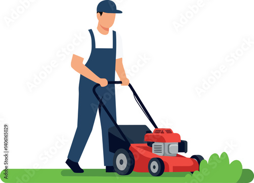 Man mowing grass with a red lawn mower in a flat minimal style vector art
