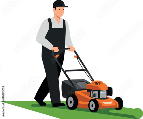 Lawn care professional mowing grass with an orange lawnmower in flat vector art