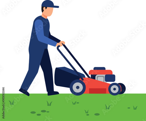 Man mowing a green lawn with a red lawnmower in a flat vector illustration