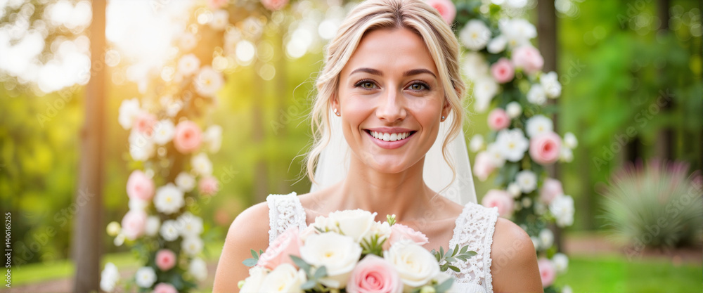 Obraz premium Joyful bride smiling with bouquet in outdoor garden setting, wedding bliss