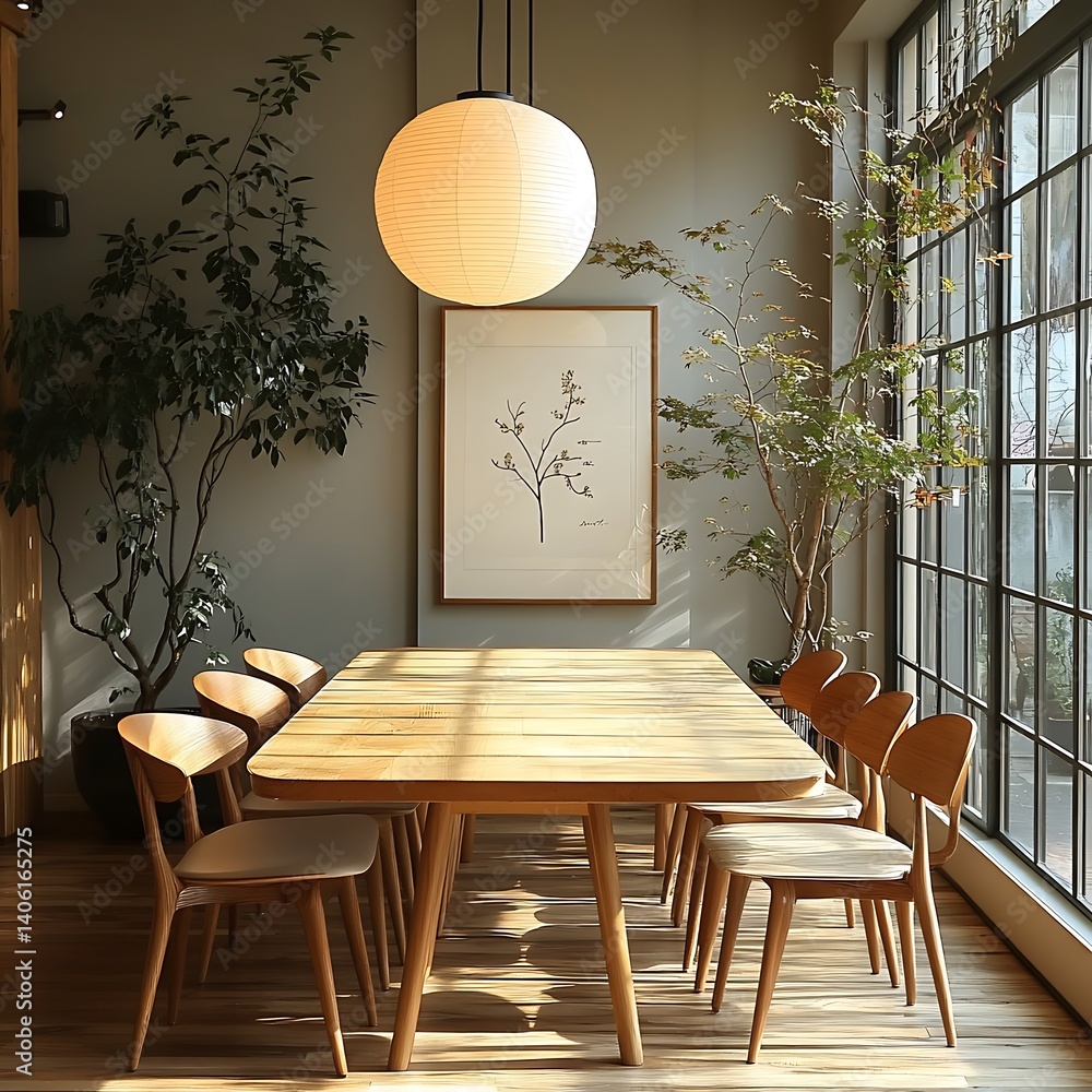 Bright and Airy Dining Area with Wooden Table, Chairs, Nature Inspired Art and Abundant Natural Light from Large Windows.