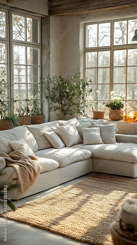 Bright interior featuring white sofa, large windows, potted plants and a woven rug, creating a cozy and inviting living space.