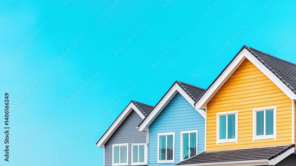Colorful houses stand in a row under a bright blue sky during clear weather, showcasing vibrant architecture and modern design elements in a neighborhood setting Colorful houses stand in a row under a bright blue sky during clear weather, showcasing vibrant architecture and modern design elements in a neighborhood setting
