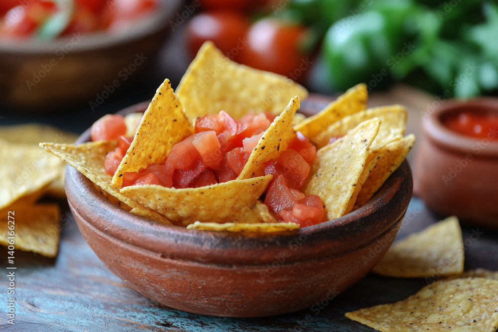 Nachos topped with diced tomatoes in bowl on wooden table. Nachos topped with diced tomatoes in bowl on wooden table.