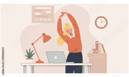 Workplace Wellness: A young office worker takes a moment of relaxation at her desk, stretching to relieve stress and boost well-being, embracing a healthier work environment. Flat Vector