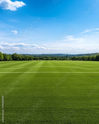 Minimalist green soccer field with sharp white boundary lines and soft shadows