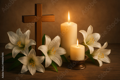 Religious-themed Easter setup with cross, candle, and lilies, serene mood, 3840x2160 PNG, 100MP, 100MP