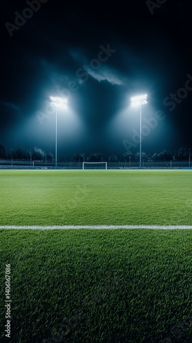 Bluelit soccer stadium at night with vibrant field contrast, cinematic sports view