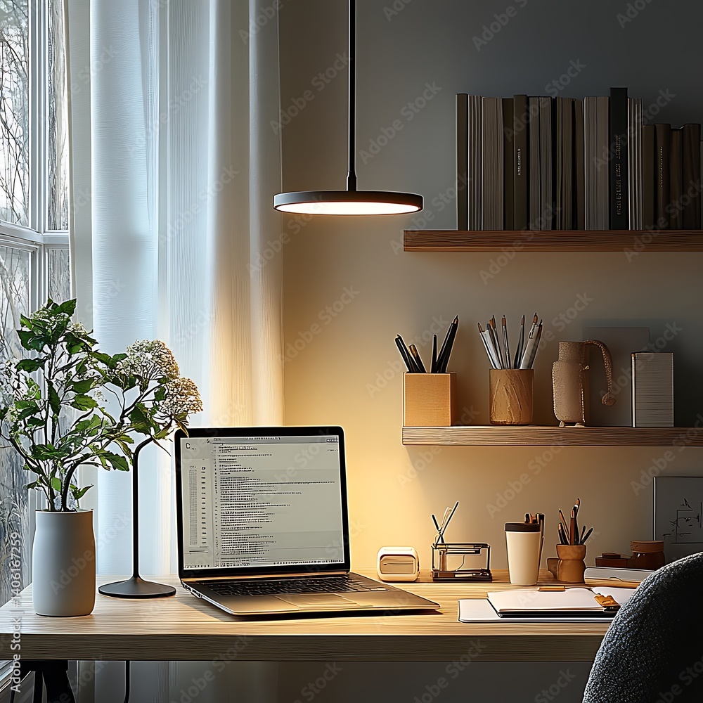 Bright Workspace with Laptop, Desk Plant, and Bookshelf Under Warm Lighting - Modern Home Office Setup