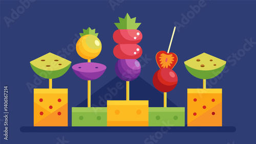 A display of colorful fruit kabobs cheese cubes and whole grain crackers on skewers.. Vector illustration