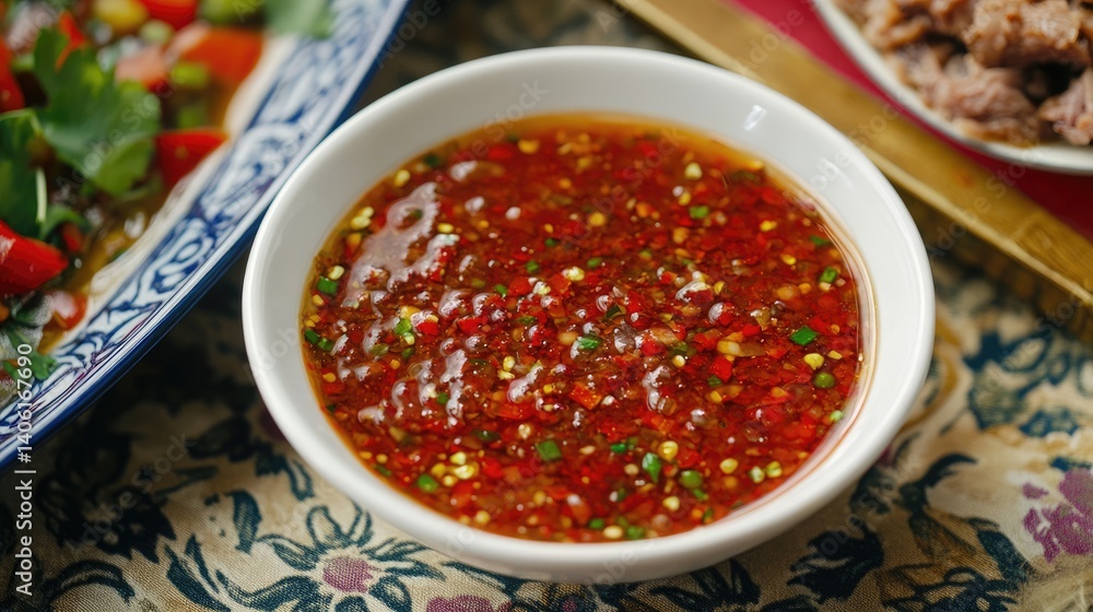 Side view of vibrant pork dipping sauce set on a patterned tablecloth Side view of vibrant pork dipping sauce set on a patterned tablecloth