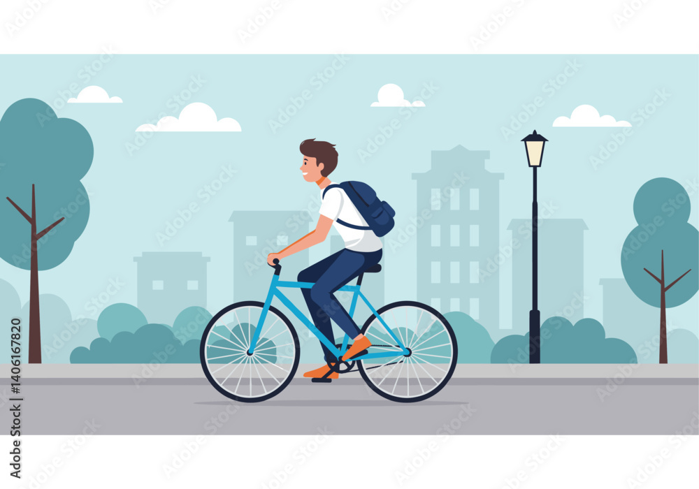 Fototapeta premium Urban Cycle: A person joyfully navigates a bustling cityscape on a sleek bicycle, promoting sustainable transport. Capturing a harmonious blend of modern living and green practices. Flat Vector