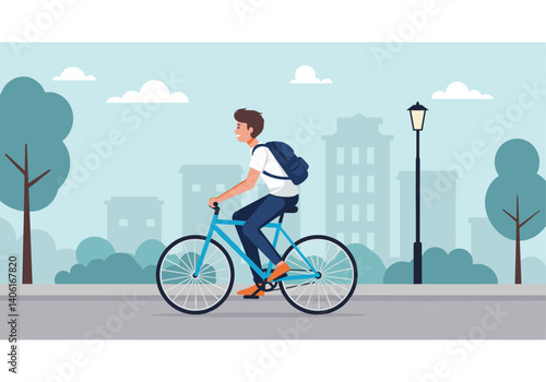Urban Cycle: A person joyfully navigates a bustling cityscape on a sleek bicycle, promoting sustainable transport. Capturing a harmonious blend of modern living and green practices. Flat Vector