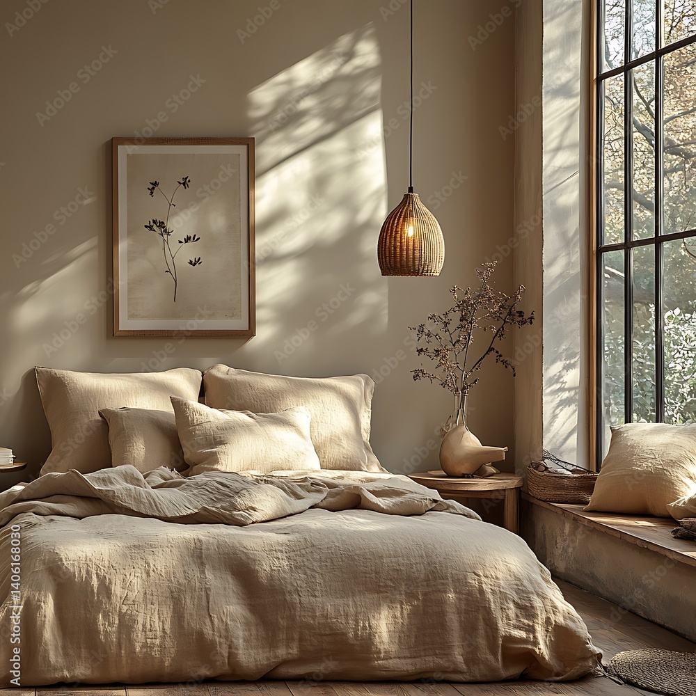 Calm Bedroom Retreat: Serene Interior with Natural Light, Minimalist Decor, Cozy Bedding and Window Views to Promote Relaxation and Peaceful Atmosphere.
