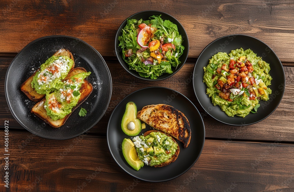 Delicious spread of avocado dishes featuring toast, salad, and a hearty avocado mix on a rustic wooden table during brunch hours with fresh ingredients Delicious spread of avocado dishes featuring toast, salad, and a hearty avocado mix on a rustic wooden table during brunch hours with fresh ingredients