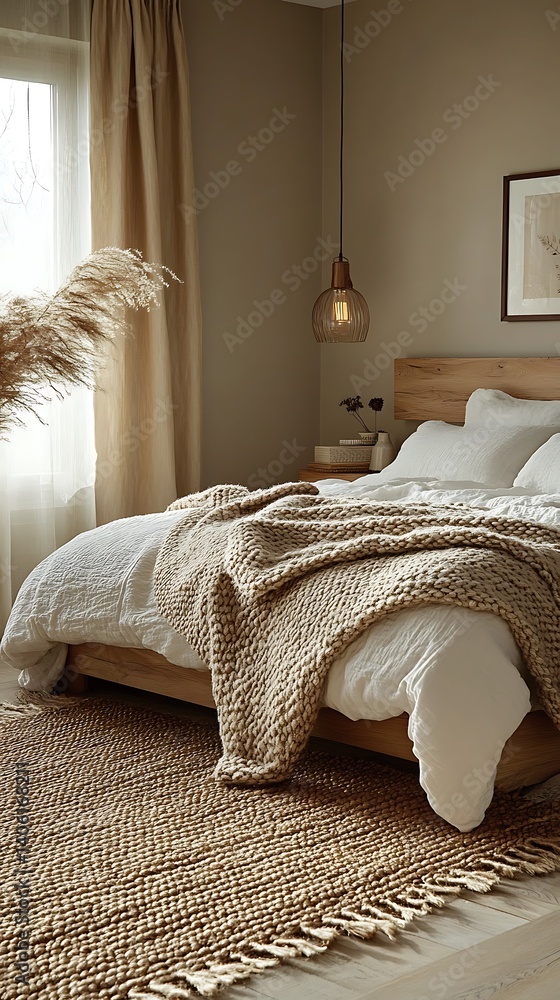 Calming bedroom interior featuring natural light, earth tones, wooden furniture, soft linens, textured rug, and pendant light for a peaceful ambiance.