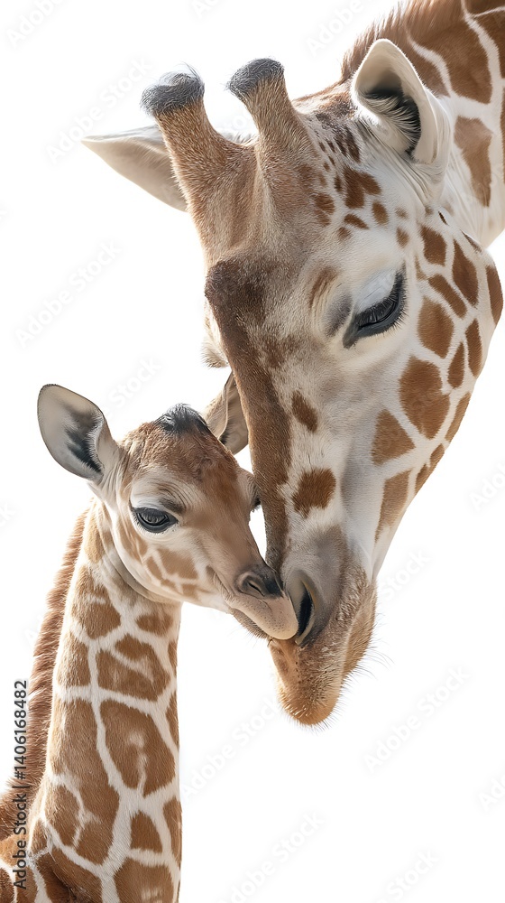 Fototapeta premium Adorable baby giraffe nuzzling its mother in a tender moment of affection, captured on clean white background symbolizing animal love and wildlife care