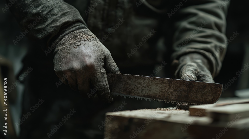 Carpenter cutting wood with a saw in a workshop. Featuring precision cutting Carpenter cutting wood with a saw in a workshop. Featuring precision cutting