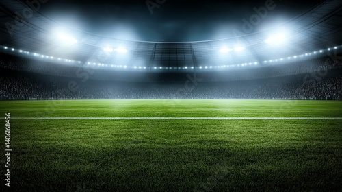 Night view of illuminated soccer stadium packed with fans, glowing field under bright floodlights
